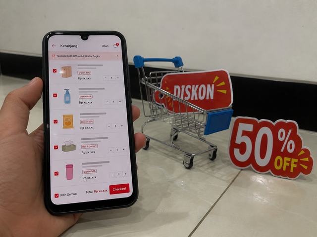 ilustrasi seseorang memegang telepon pintar/smartphone yang menampilkan keranjang belanja online dengan promo diskon.(sumber:Dokumentasi pribadi)