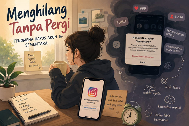 Ilustrasi ini menggambarkan seseorang yang memilih menonaktifkan akun Instagram sementara untuk beristirahat dari media sosial. Jeda tersebut menjadi cara untuk mengurangi distraksi, menjaga kesehatan mental, dan lebih fokus pada kehidupan nyata. Sumber: AI