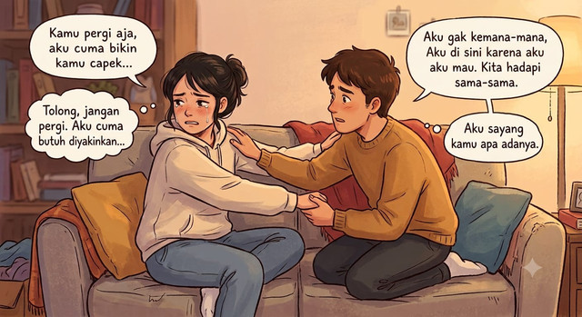 ilustrasi yang menggambarkan seorang wanita yang meminta pacarnya pergi bukan karena sudah tidak peduli, tetapi karena dia merasa tidak cukup baik untuknya. Sumber: AI