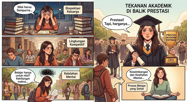Di balik prestasi akademik, terdapat tekanan dan beban belajar yang tidak selalu terlihat oleh orang lain. Sumber: AI