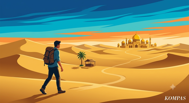  ilustrasi seorang lelaki yang berjalan di padang pasir untuk mencari sebuah jawaban tentang rasul. sumber gambar dari gemini AI