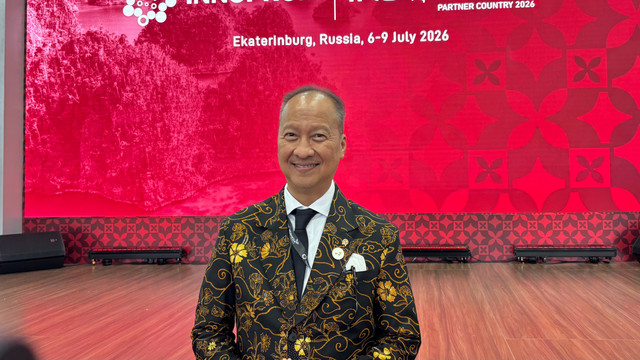 Menteri Perindustrian Agus Gumiwang Kartasasmita di Innoprom 2026, Ekateriburg, Rusia. Foto: Nicha Muslimawati/kumparan