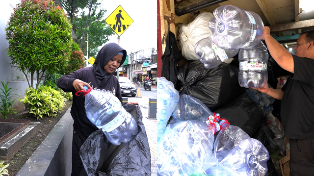 Berkah sampah galon Le Minerale bagi para pemulung di Jakarta. Seorang pemulung, Puji (kiri), memulung sampah galon untuk dijual dan Prayogo (kanan), pengepul kecil, mengumpulkan sampah galon untuk dijual ke pengepul besar. Foto: dok. kumparan video