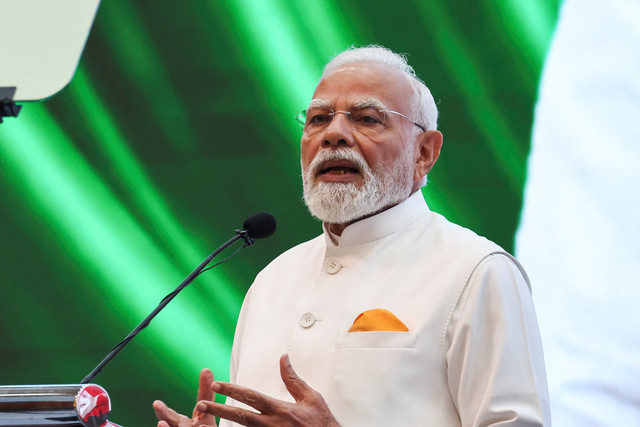 Perdana Menteri India Narendra Modi menyampaikan pidatonya saat kunjungannya ke gedung Parlemen Indonesia di Jakarta, Selasa (7/7/2026). Foto: Willy Kurniawan/REUTERS