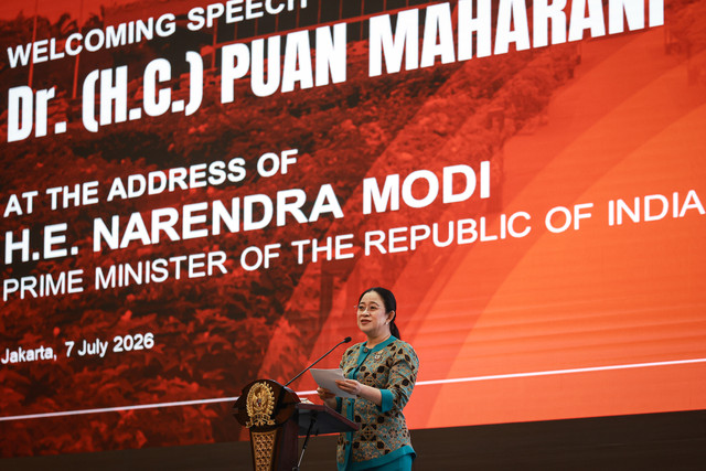 Ketua DPR Puan Maharani menyampaikan pidato saat kunjungan kenegaraan Perdana Menteri (PM) India Narendra Modi di Kompleks Parlemen, Senayan, Jakarta, Selasa (7/7/2026). Foto: Dhemas Reviyanto/ANTARA FOTO