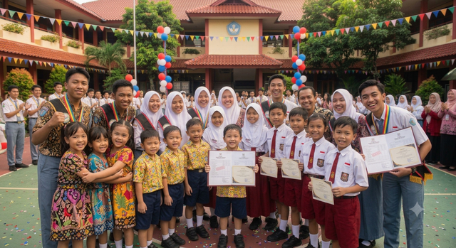 Ilustrasi kegembiraan siswa dalam penerimaan rapor. (Sumber: generated Gemini AI)