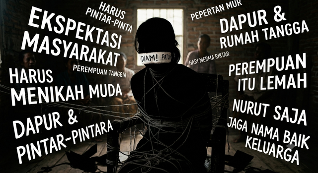Ilustrasi dari Perempuan yang dibungkam dari cerpen Perempuan yang Terbungkam hasil editan sendiri, menggunakan canva
