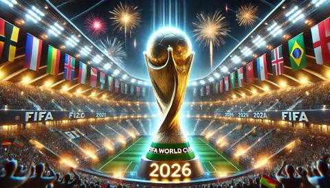 Visual dinamis Piala Dunia 2026 dengan trofi emas megah di tengah, dikelilingi aura global dan semangat kompetisi. Melambangkan era baru sepak bola di mana dominasi lama teruji dan peluang juara baru terbuka lebar bagi seluruh dunia.          Sumber: Artificial Intelligence