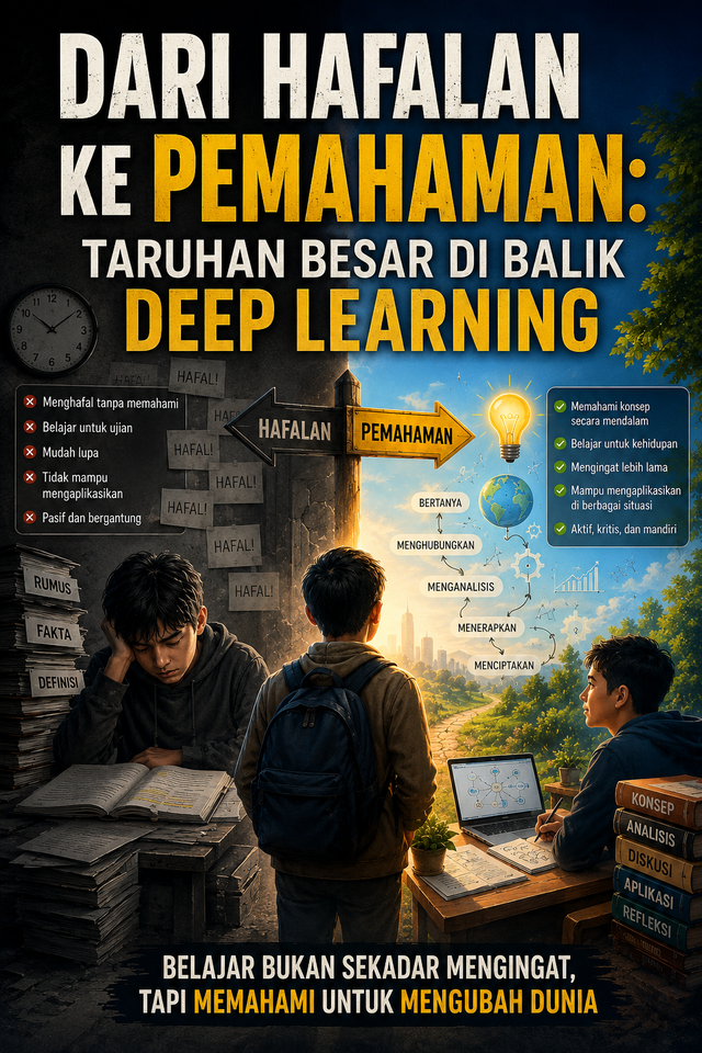 Ilustrasi perbedaan belajar model hafalan dan pemahaman. (https://chatgpt.com)
