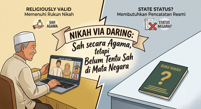 Ilustrasi prosesi akad nikah secara daring yang memenuhi rukun agama, bersandingan dengan buku nikah resmi negara yang masih dipertanyakan legalitas hukumnya. (Ilustrasi dibuat oleh AI)