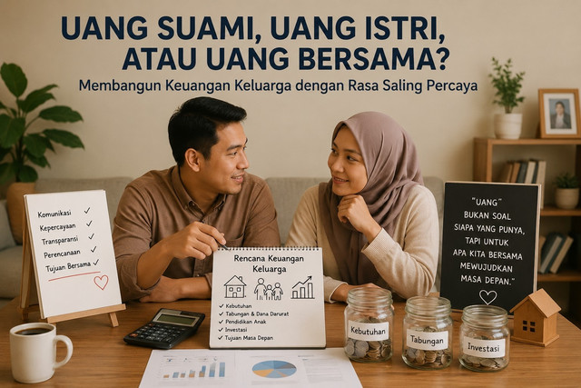 Ilustrasi pengelolaan keuangan keluarga dan komunikasi antara suami istri. Ilustrasi: AI/OpenAI (DALL·E).
