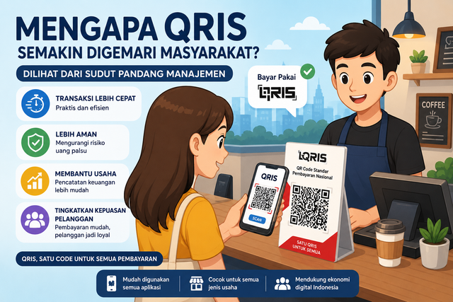 Ilustrasi transaksi pembayaran digital menggunakan QRIS di sebuah UMKM atau kafe. (Foto: Ilustrasi/Generative AI)