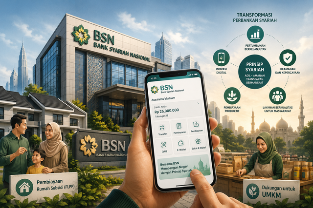 Ilustrasi penguatan ekosistem perbankan syariah melalui transformasi kelembagaan, inovasi digital, pembiayaan perumahan, dan pemberdayaan UMKM. Foto : Generated by AI