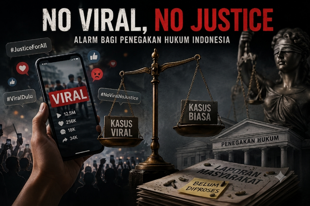 Ilustrasi timbangan keadilan yang menunjukkan ketimpangan antara kasus yang viral di media sosial dan kasus biasa yang kurang mendapat perhatian publik. Gambar ini menggambarkan fenomena "No Viral, No Justice", yaitu kondisi ketika suatu perkara baru memperoleh respons serius setelah menjadi sorotan luas di media sosial. Ilustrasi tersebut menjadi simbol pentingnya penegakan hukum yang adil, transparan, dan tidak bergantung pada tingkat viralitas suatu kasus.