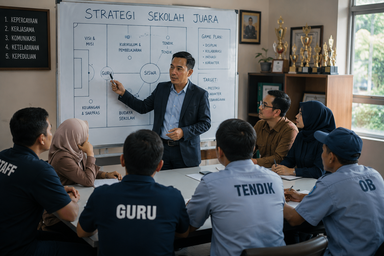 Seorang Kepala Sekolah sedang menjelaskan strategi kepada seluruh jajaran stakeholder sekolah (unsplash)