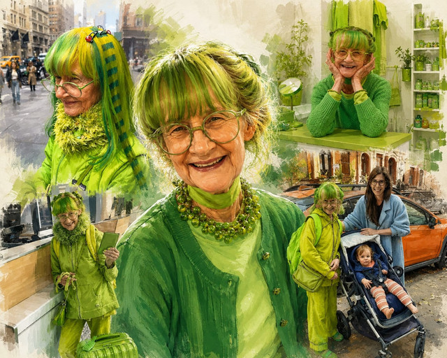Sumber Ilustrasi: ChatGPT AI, dibuat berdasarkan foto-foto referensi Elizabeth Sweetheart (Green Lady of Brooklyn) yang beredar di media publik.