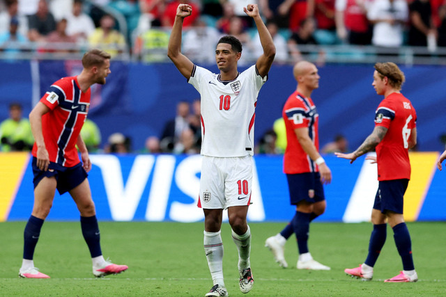 Selebrasi pemain Timnas Inggris Jude Bellingham usai mencetak gol ke gawang Timnas Norwegia pada pertandingan perempat final Piala Dunia 2026 di Stadion Miami, Miami Gardens, Florida, AS, Sabtu (11/7/2026). Foto: Paul Childs/REUTERS