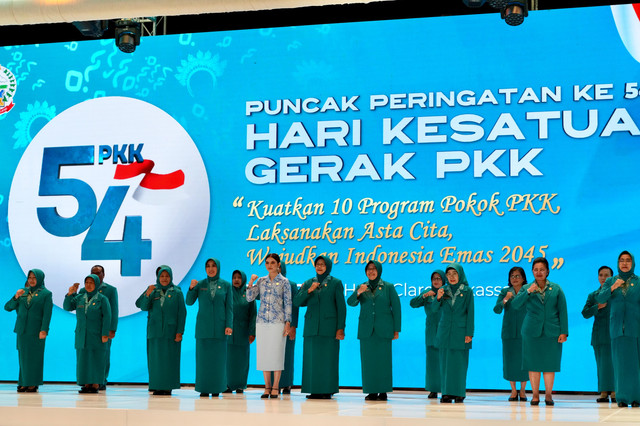 Ketum TP PKK Tri Tito Karnavian dalam acara Puncak Peringatan Hari Kesatuan Gerak (HKG) PKK ke-54 Tahun 2026 di Sulawesi Selatan (Sulsel), Sabtu (11/7/2026). Foto: Kemendagri RI
