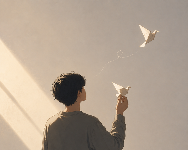 Ilustrasi seseorang yang memegang burung origami, sementara satu burung lainnya terbang sebagai simbol kemungkinan hidup yang tidak pernah terjadi. (Foto: Ilustrasi AI)