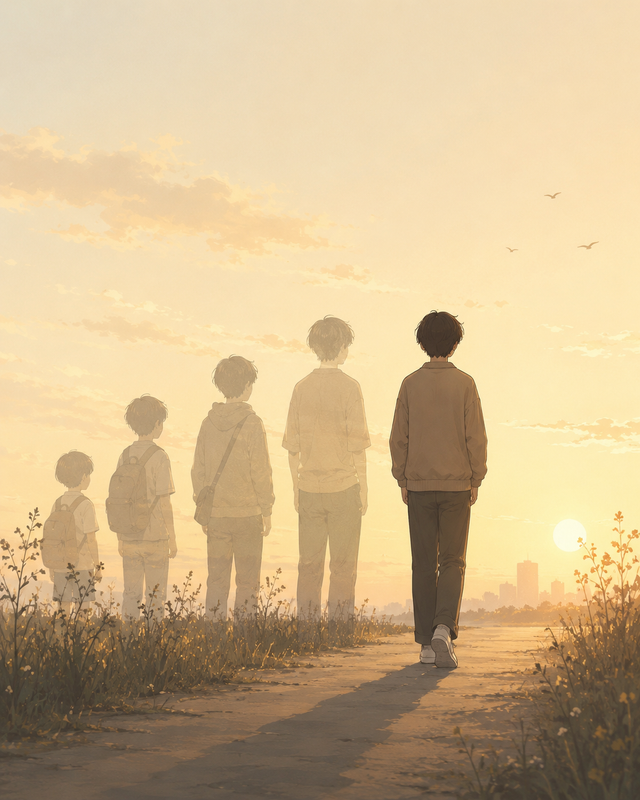 Ilustrasi seseorang yang berjalan meninggalkan siluet-siluet dirinya, melambangkan berbagai versi diri yang masih hidup dalam kenangan orang lain. (Foto: Ilustrasi AI)