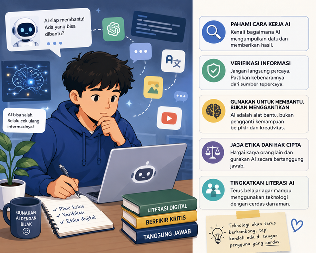 Ilustrasi Seseorang memanfaatkan AI secara bijak dengan tetap melakukan verifikasi informasi. (Sumber: AI GENERATED)