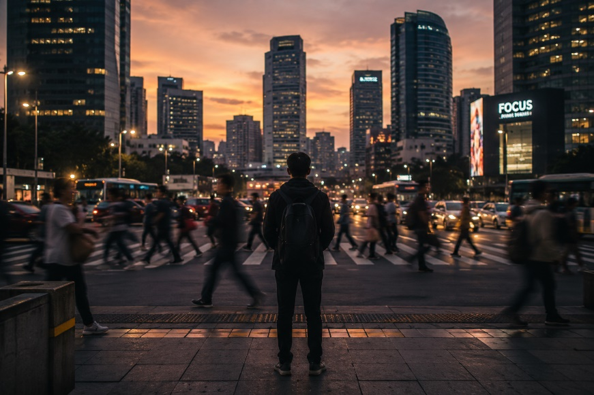 Seorang pejalan kaki di tengah hiruk-pikuk kota menggambarkan bagaimana kehidupan urban tidak hanya menawarkan harapan, tetapi juga menghadirkan tekanan dan kesepian yang sering luput dari perhatian.