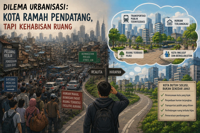 Ilustrasi: Kepadatan perkotaan dengan gedung tinggi, permukiman padat, dan arus pendatang. (Sumber: AI GENERATED)