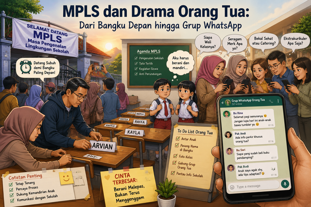 Ilustrasi suasana Masa Pengenalan Lingkungan Sekolah (MPLS) yang memperlihatkan antusiasme sekaligus kecemasan orang tua, mulai dari memilih bangku hingga aktif berkomunikasi di grup WhatsApp. Ilustrasi: AI Generated.