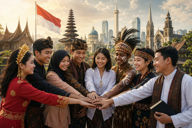 Ilustrasi melambangkan keberagaman, persatuan, dan kesetaraan di Indonesia. (Sumber : AI)