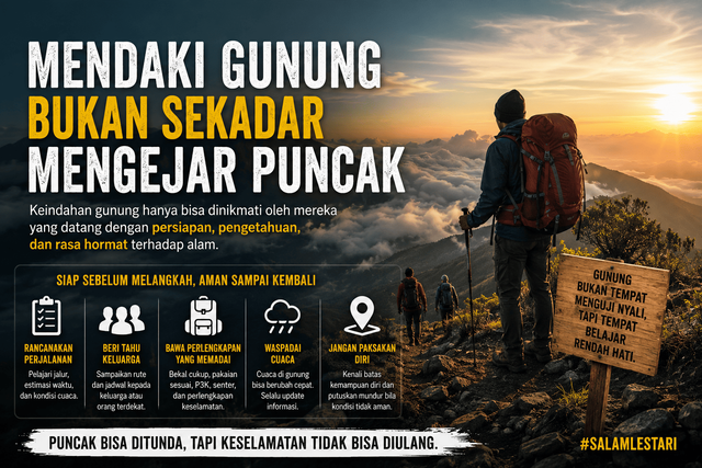 Ilustrasi mendaki gunung bukan sekadar mengejar puncak. (Sumber: ChatGPT.co.id).