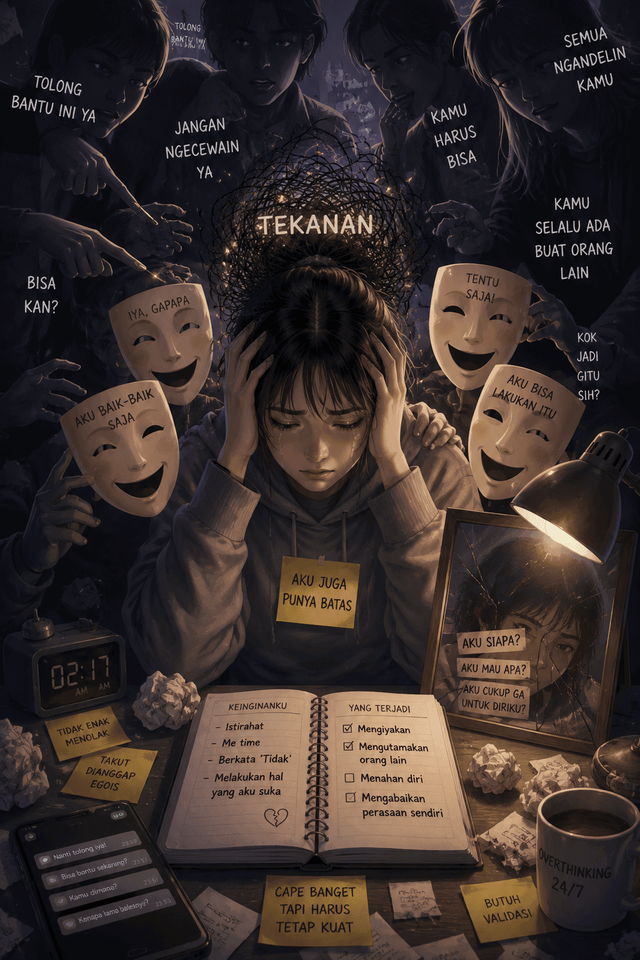 Ilustrasi seseorang yang mengalami tekanan, karena menjadi orang "Gak Enakan". (Sumber: Ilustrasi AI)