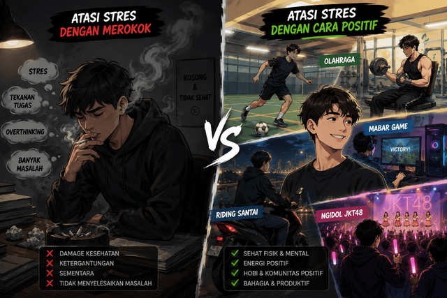Ilustrasi mengatasi stres dengan merokok vs dengan cara positif. (Sumber: Ilustrasi AI)