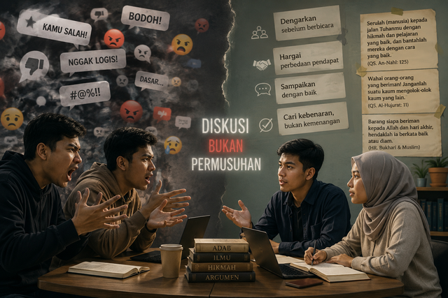 Adab dalam berdiskusi merupakan fondasi penting dalam membangun ruang dialog yang sehat di era digital. (Ilustrasi dibuat oleh AI)