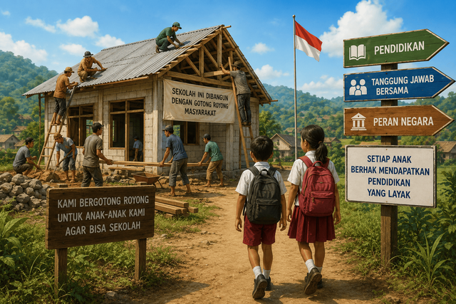 Ilustrasi sekolah yang dibangun dengan gotong-royong. (Sumber: ChatGPT.co.id).