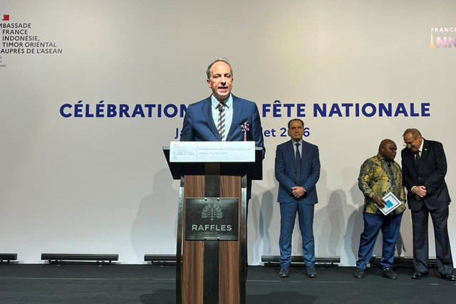 Duta Besar Prancis untuk Indonesia Fabien Penone, saat memberikan sambutan dalam Resepsi Hari Nasional Prancis (Bastille Day) di Hotel Raffles Jakarta, Selasa (14/7/2026). Foto: Firda Brillianti/kumparan