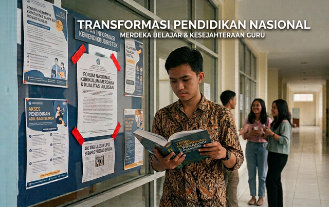 Ilustrasi mahasiswa membaca buku pedagogi di depan papan informasi kebijakan pendidikan nasional. (Sumber: Ilustrasi AI/Gemini AI)