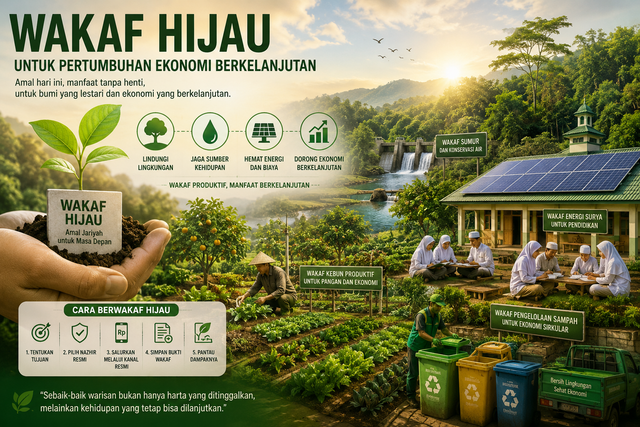 Ilustrasi wakaf hijau untuk pertumbuhan ekonomi berkelanjutan. Foto generated by AI