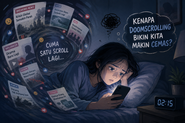 Ilustrasi Kebiasaan Doomscrolling. Sumber: AI Generated (OpenAI).