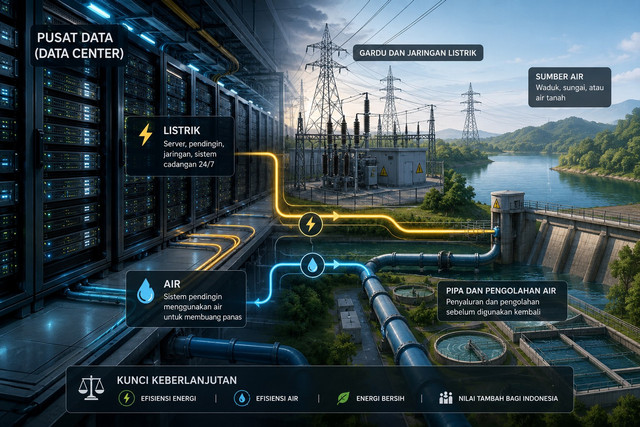 Ilustrasi: Di balik layanan AI dan komputasi awan, data center memerlukan pasokan listrik besar dan sistem pendinginan yang dapat menggunakan air dalam jumlah signifikan.Gambar dibuat dengan AI.