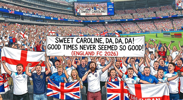 Ilustrasi fans kesebelasan Inggris menyanyikan Sweet Caroline. (Gambar ilustrasi oleh AI/Gemini).