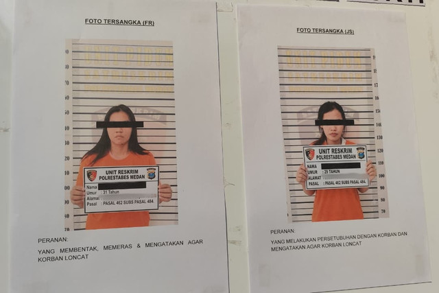 Polisi menunjukkan foto kedua tersangka yang terlibat dalam tewasnya ASN BPN Nias saat konpers di Polrestabes Medan, Sumatera Utara, Rabu (15/7/2026). Foto: Amar Marpaung/kumparan