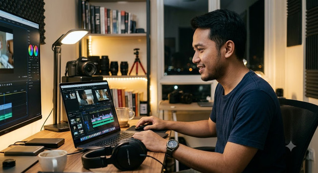 Ilustrasi foto orang di depan laptop dengan software edit video terbuka. Sumber : Google Gemini