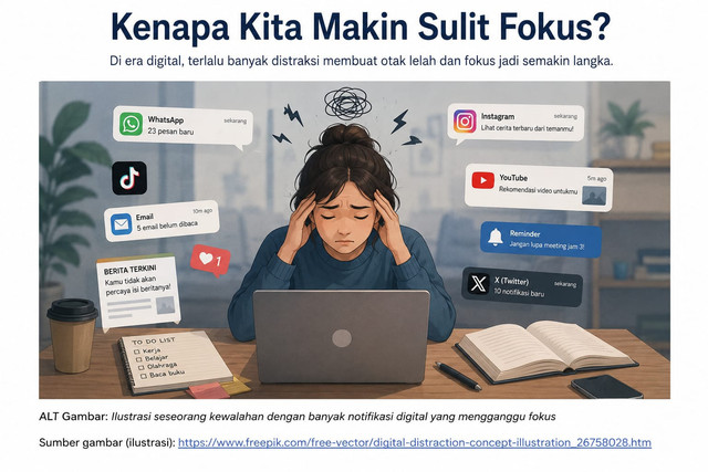 lustrasi perempuan muda sedang bekerja menggunakan laptop dengan banyak distraksi digital seperti notifikasi ponsel dan media sosial yang membuat sulit fokus