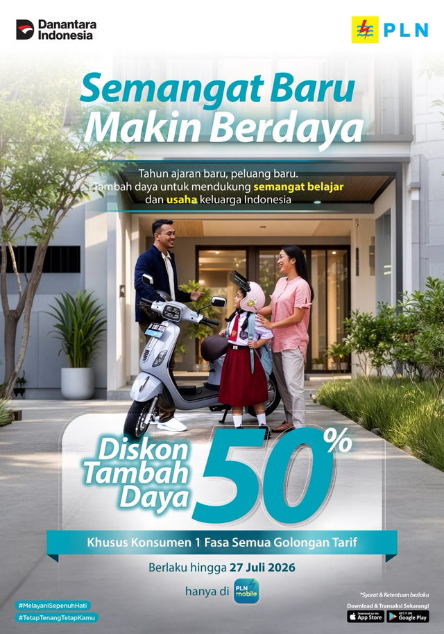 Sambut Hari Anak Nasional dan tahun ajaran baru, PT PLN (Persero) kembali menghadirkan program diskon tambah daya listrik 50% bertajuk “Semangat Baru Makin Berdaya” yang berlangsung mulai tanggal 14 Juli hingga 27 Juli 2026. Promo ini dihadirkan guna mendukung kebutuhan listrik masyarakat sekaligus mendorong semangat belajar anak seiring dimulainya tahun ajaran baru sekolah. Foto: Dok. PLN