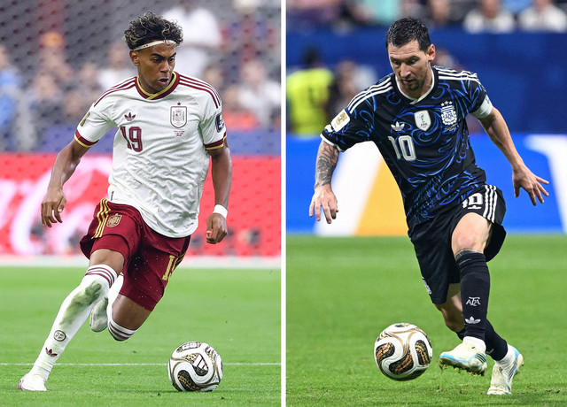 Gabungan foto memperlihatkan penyerang Argentina bernomor punggung 10, Lionel Messi (kanan) dan penyerang Spanyol bernomor punggung 19, Lamine Yamal. Foto: harly TRIBALLEAU and Roberto SCHMIDT / AFP