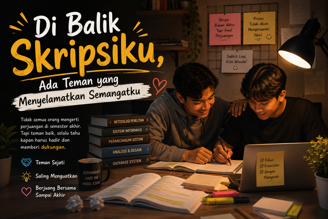 Ilustrasi mahasiswa semester akhir saling membantu menyelesaikan skripsi dan mengembalikan semangat saat hampir menyerah.