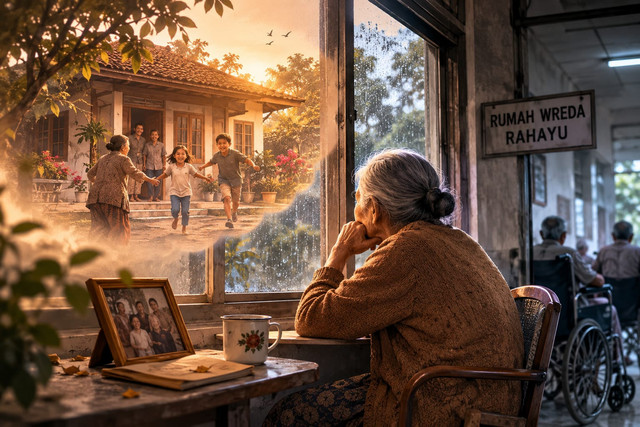Ilustrasi di atas menggambarkan keterasingan tokoh utama di Rumah Wreda Rahayu yang terus mengenang kehangatan rumah dan keluarganya. Kontras antara panti jompo dan rumah masa lalu menegaskan bahwa rumah merupakan simbol identitas, kasih sayang, dan ikatan emosional, bukan sekadar tempat tinggal. Sumber: Dibuat menggunakan ChatGPT (Open AI).