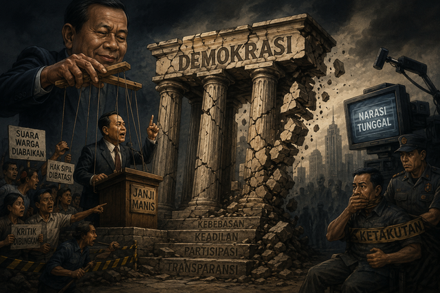 Ilustrasi kemunduran demokrasi (gambar hasil olahan chat gpt).