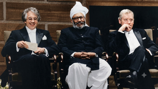 Sheldon Lee Glashow (kiri), Mohammad Abdus Salam (tengah), dan Steven Weinberg (kanan)-ketiganya hadir di Swedia dalam rangka menerima Nobel Fisika pada tahun 1979. Prof. Dr. Abdus Salam menerima penghargaan sains paling bergengsi di dunia itu dengan mengenakan pakaian khas Punjab dan berpidato bahasa Urdu saat menerima penghargaan. Meskipun ia tidak diakui di negerinya, Abdus Salam tetap dengan bangganya membawa identitas Pakistan ke tingkat dunia. Sumber gambar: gambar ini dibuat menggunakan AI.