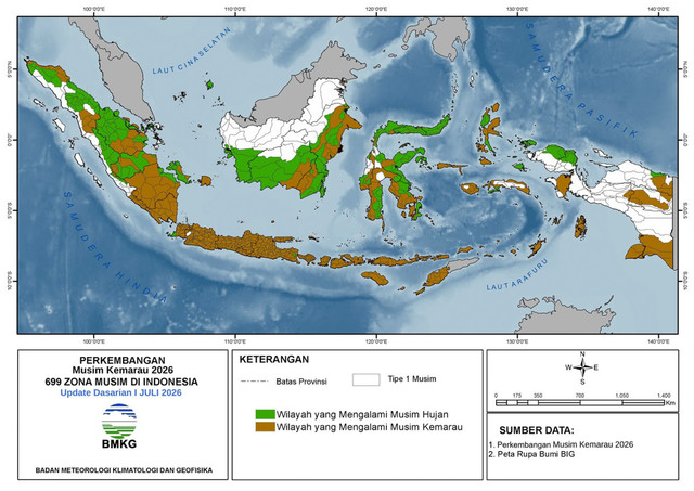 Peta Wilayah Perkembangan Musim Kemarau 2026 di Indonesia. Foto: Dok. BMKG